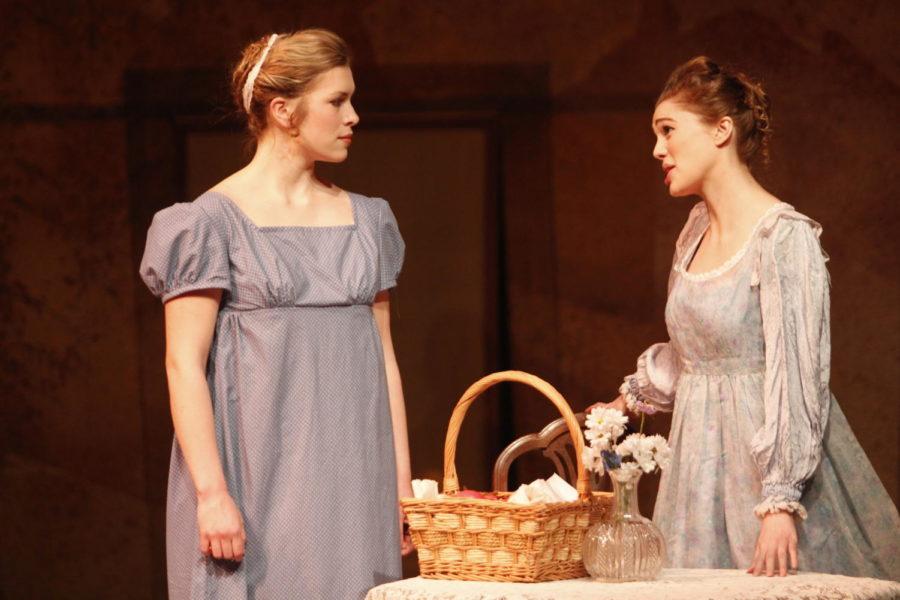 Olivia+Griffith+as+Elinor+Dashwood+%28left%29+and+Erin+Stein+as+Lucy+Steele+%28right%29+get+into+character+during+the+dress+rehearsal+of+Sense+and+Sensibility+on+Feb.+20.+Sense+and+Sensibility+is+a+play+filled+with+humor+and+emotional+depth+as+the+story+follows+sisters+Elinor+and+Marianne+who+must+learn+to+overcome+societal+pressures+in+order+to+find+love+and+their+place+in+the+world.+The+play+will+be+performed+in+Fisher+Theater+on+Feb.+22%2C+23+and+Mar.+1%2C+and+Mar.+2+and+7%3A30+p.m.+and+on+Feb.+24+and+Mar.+3+at+2+p.m.