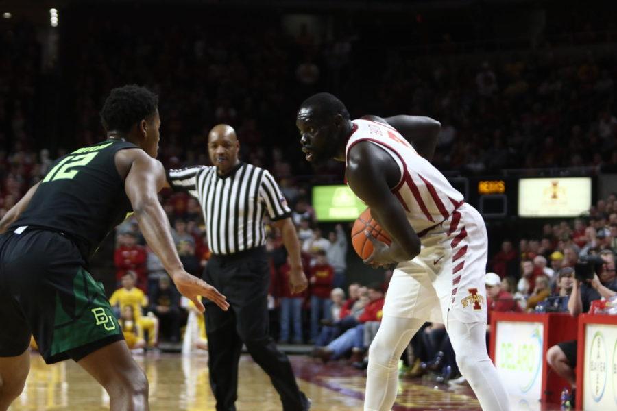 Iowa State senior Marial Shayok sizes up a Baylor defender during the first half on Feb. 19.