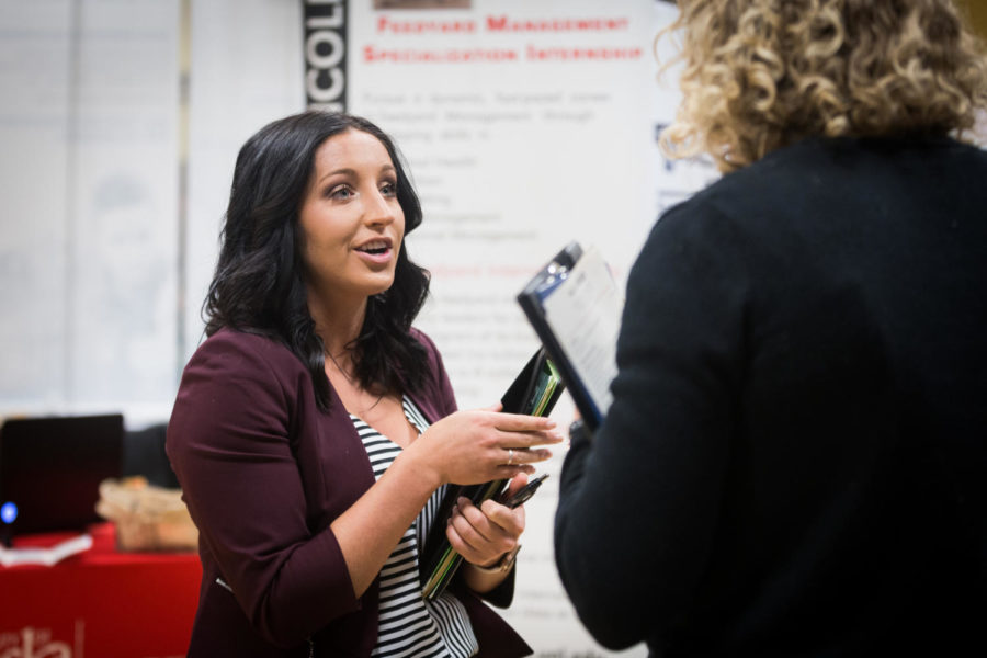 Potential job applicant talks with Land O Lakes representative Teresa Decker during the College of Agriculture and Life Sciences Career Fair held Feb. 6, 2019 in the Great Hall of the Memorial Union.