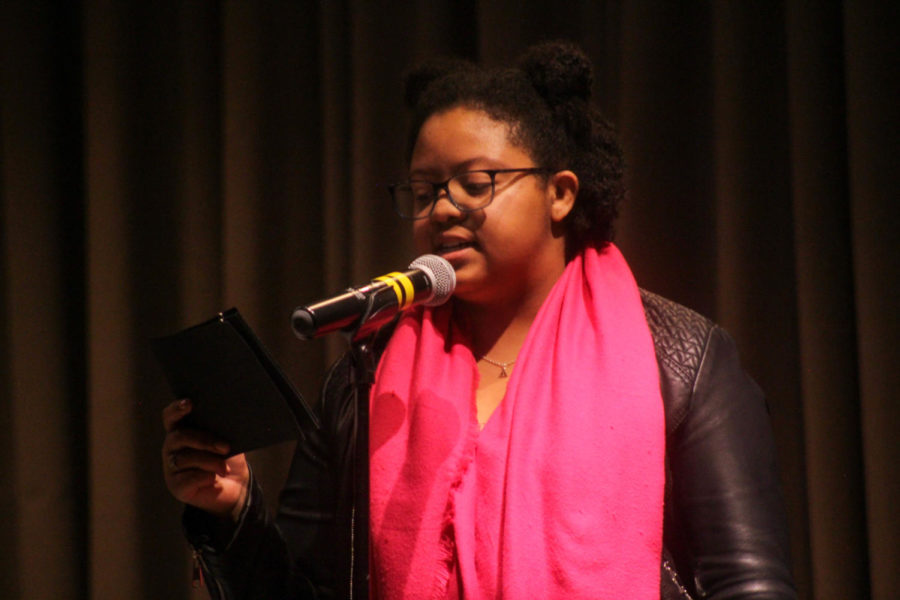 Student Breayona Reed performing the spoken poem, My Angry Vagina, during the Vagina Monologues on Feb. 15 at the Memorial Union.