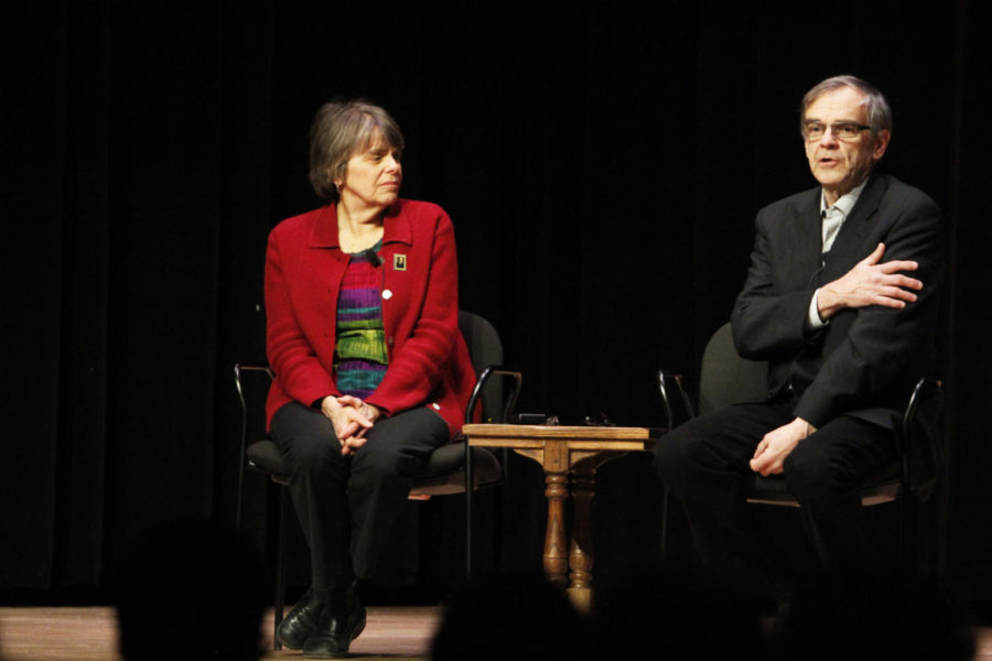 Mary Beth and John Tinker discuss their landmark Supreme Court case “Tinker v. Des Moines Independent Community School District” during the “Stand Up! Speak Up! Youth and the First Amendment” lecture Monday in the Memorial Union. The case centered around them wearing black armbands to school to protest the Vietnam War. The case ended in favor of the Tinkers with a decision that the First Amendment rights of students in United States public schools. “I think I’ve learned that young people have a lot of power that is untapped and that can be mobilized,” Mary Beth Tinker said.