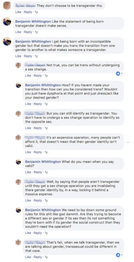 Facebook comments from Student Government presidential candidate Benjamin Whittington in July 2017.