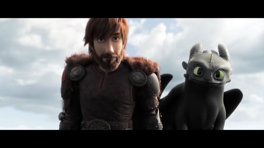 Hiccup as the chief of Berk, alongside his dragon, Toothless, in How To Train Your Dragon: The Hidden World.