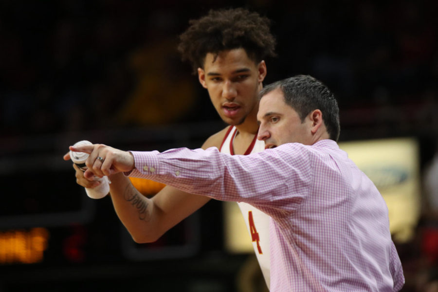 Head coach Steve Prohm talks to freshman forward George Conditt IV before he plays during the game against the Southern University Jaguars on Dec. 9 at Hilton Coliseum. The Cyclones ended the game with a win of 101-65.