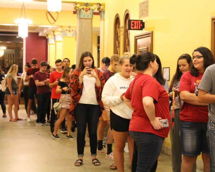 Iowa State students wait in line to see comedians Alice Wetterlund and Pete Davidson perform at ISU AfterDark on Aug. 24 in the Memorial Union. The Great Hall filled up to capacity.