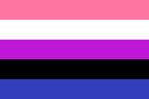 This flag represents the fluctuations and the flexibility of gender in genderfluid people. The Pink represents femininity. The White represents the lack of gender. The Purple represents the combination of masculinity and femininity. The Black represents all genders, including third genders. The Blue represents masculinity.