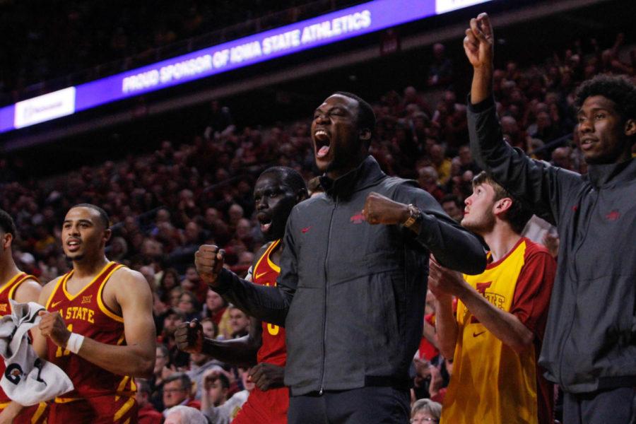 Sophomore Cameron Lard cheers on the Cyclones after a point is scored against the Hornets during Iowa States season opener against Alabama State on Nov. 6, 2018, at Hilton Coliseum. The Cyclones won 79-53. 