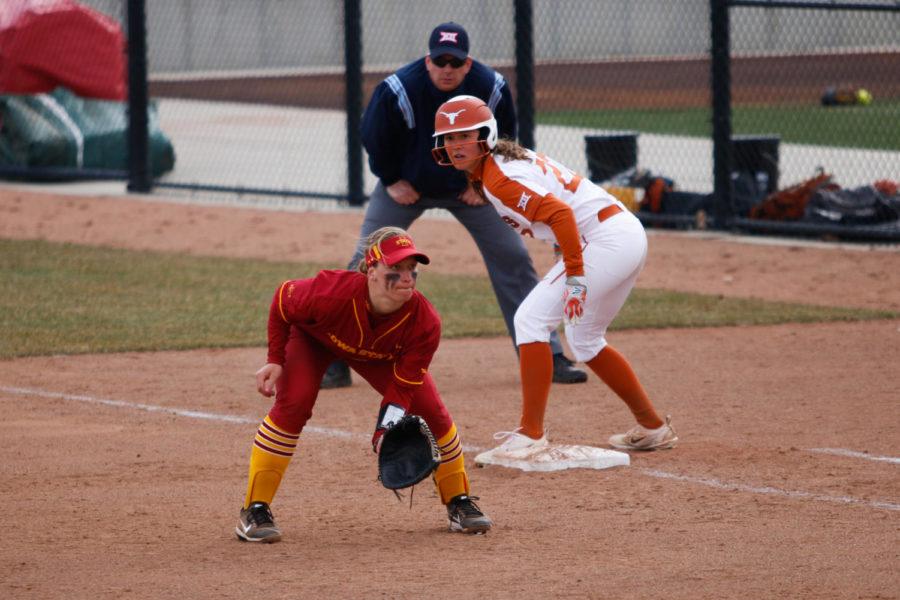 Iowa State first baseman Sally Woolpert awaits the pitch during the Cyclones 11-4 loss to Texas at the Cyclone Sports Complex.