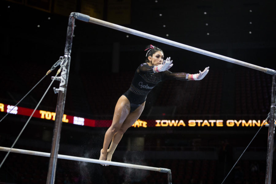 Iowa State junior Casandra Diaz competes on bars during second rotation of the Iowa State vs Oklahoma gymnastics meet. The No. 23 ranked Cyclones were defeated by the No. 1 ranked Sooners 196.275-197.575.