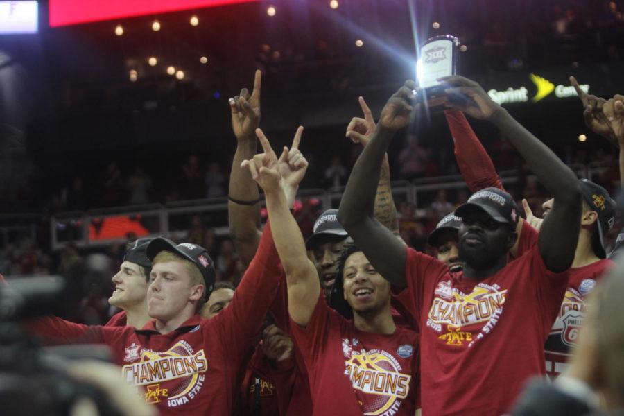 Marial Shayok and his teammates after the Cyclones won the Big 12 Tournament Championship 78-66 against Kansas on March 16, 2019. Iowa State has gone 5-31 in the Big 12 since its Big 12 Tournament championship.