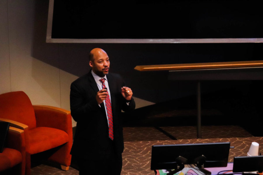 Dr. Erick Jones adresses a crowd in the Alliant Energy-Lee Liu Auditorium in Howe Hall on March 14. Dr. Jones is one of three finalist for the Dean of Engineering position. ...A history of diversity and inclusion weaves through Iowa and Iowa State, Dr. Jones said.