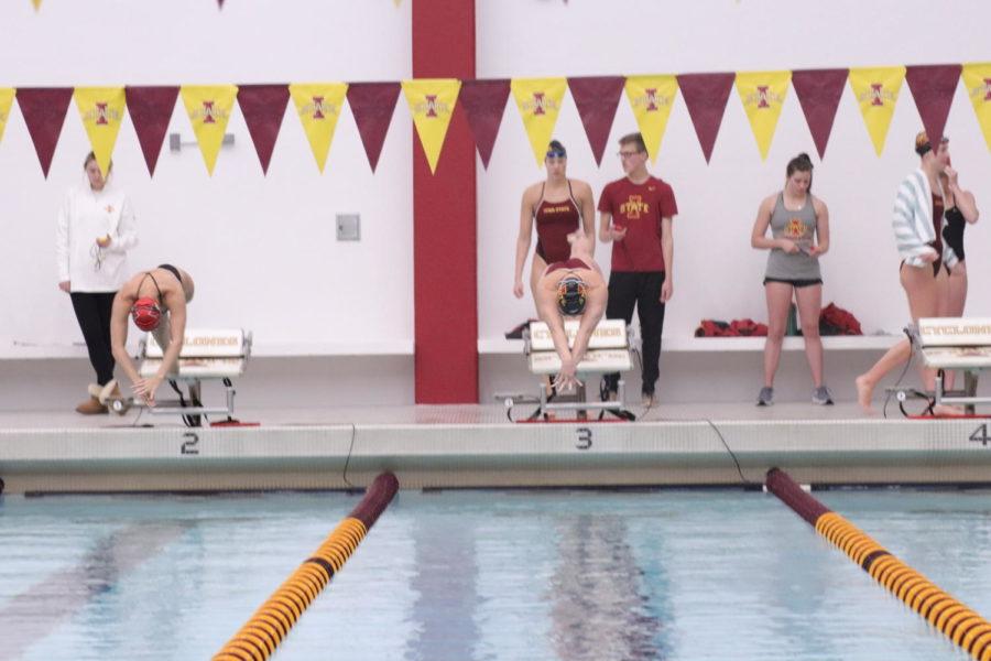 Freshman Lucia Rizzo starts the 200-yard butterfly against Illinois State University on Jan. 18 at Beyer Pool. The Iowa State womens swimming and diving team won 191-100.  