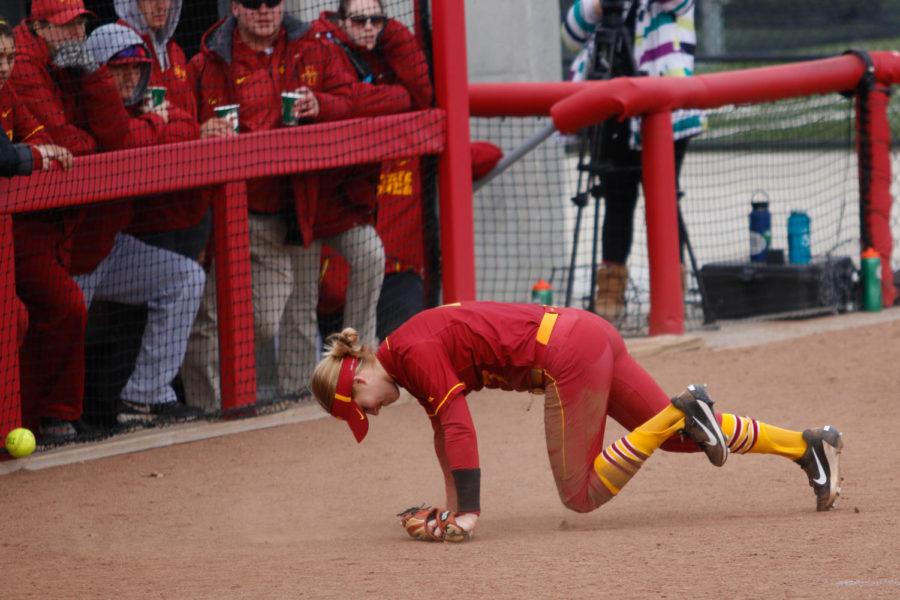 Iowa State sophomore Sami Williams picks herself up after dropping a foul ball during the Cyclones 11-4 loss to Texas.