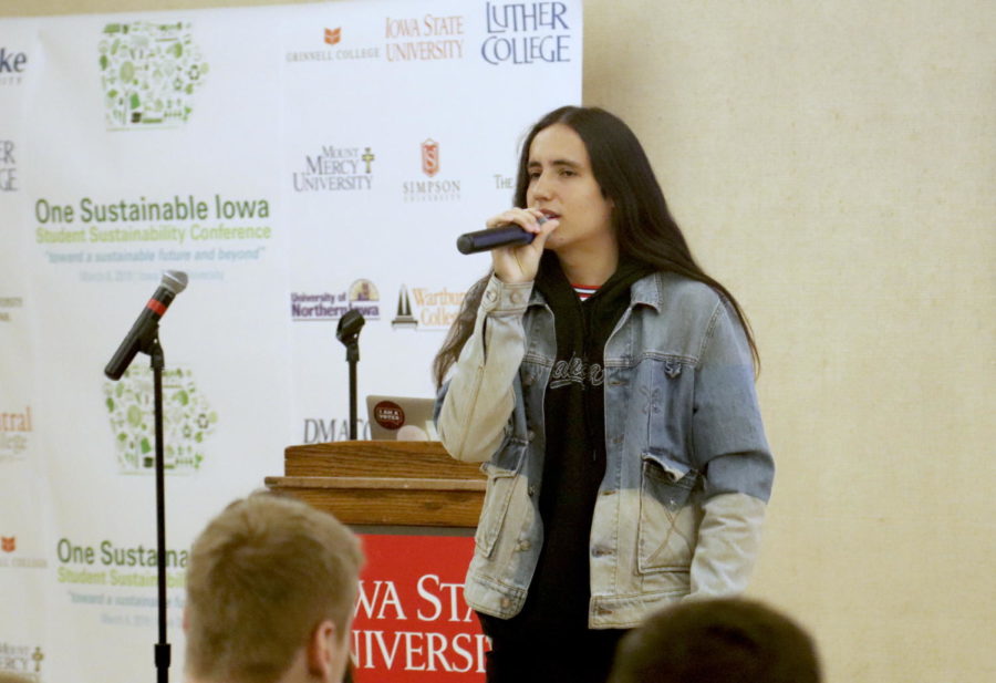 Xiuhtezcatl Martinez, indigenous climate activist, delivers the keynote address at the All-Iowa Student Sustainability Conference. Students from 11 colleges attend the All-Iowa Student Sustainability Conference, which is a conference designed for students to discuss strategies and methods on promoting sustainability. The event took place on March 8 at the Memorial Union.