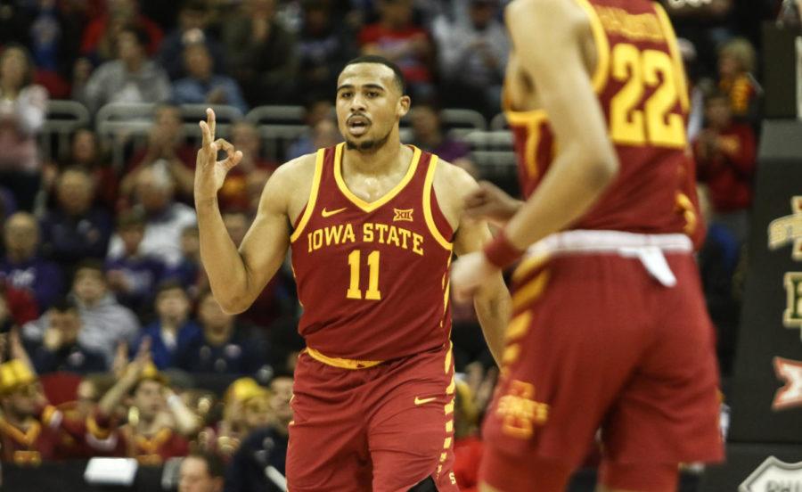 Iowa State freshman Talen Horton-Tucker celebrates after making a three-point shot during the first half against Baylor in the Big 12 Tournament. Horton-Tucker lead all scorers with 21 points.