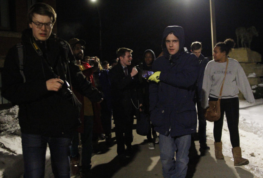 Nicholas Fuentes makes his way to the Free Speech Zone at Iowa State University after being told to leave a classroom in East Hall because the classroom was not reserved. Fuentes addressed the public with a prepared speech followed by a Q&amp;A discussion on Wednesday, March 6.