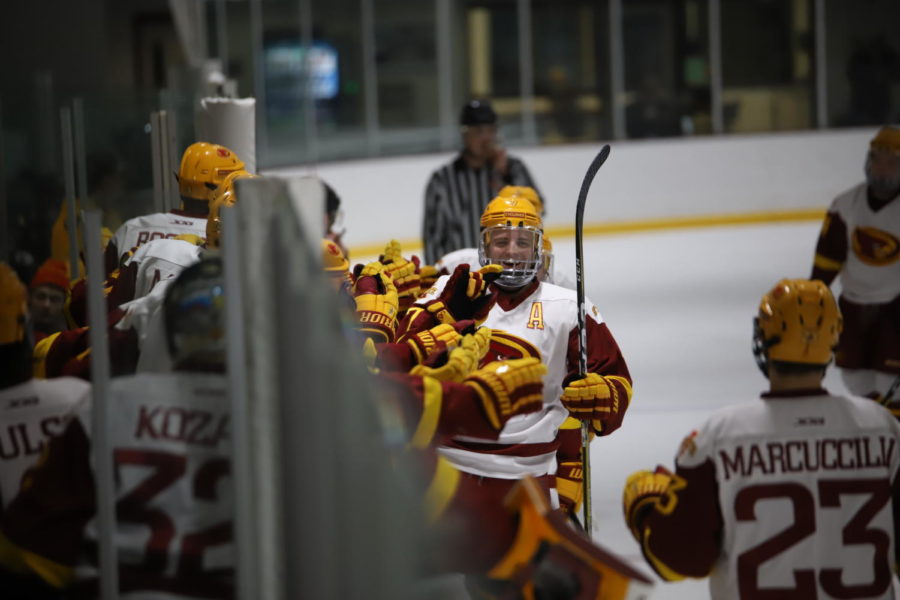 Forward Tony Uglem celebrates with his teammates after scoring the tying goal half way through the first period. The Cyclones lost 5-3 on Feb. 3 against Lindenwood. 
