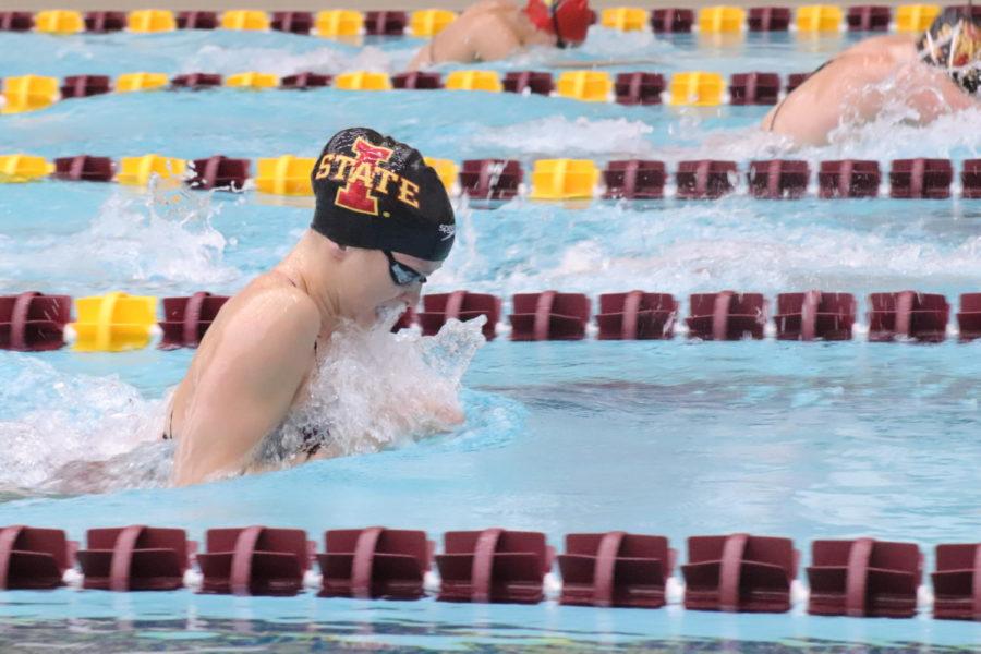Then-sophomore Lehr Thorson swims the 200-yard breaststroke with the Iowa State womens swimming and diving team in their meet with Illinois State University on Jan. 18. Iowa State won 191-100.