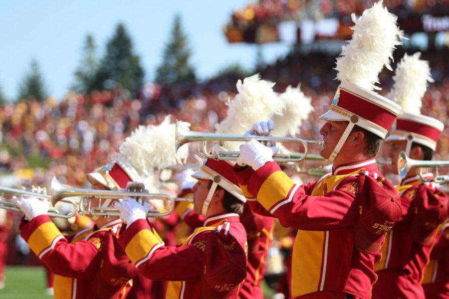 Members of the Iowa State Marching Band during the Iowa State football game against the Oklahoma Sooners at Jack Trice Stadium Sept. 15.