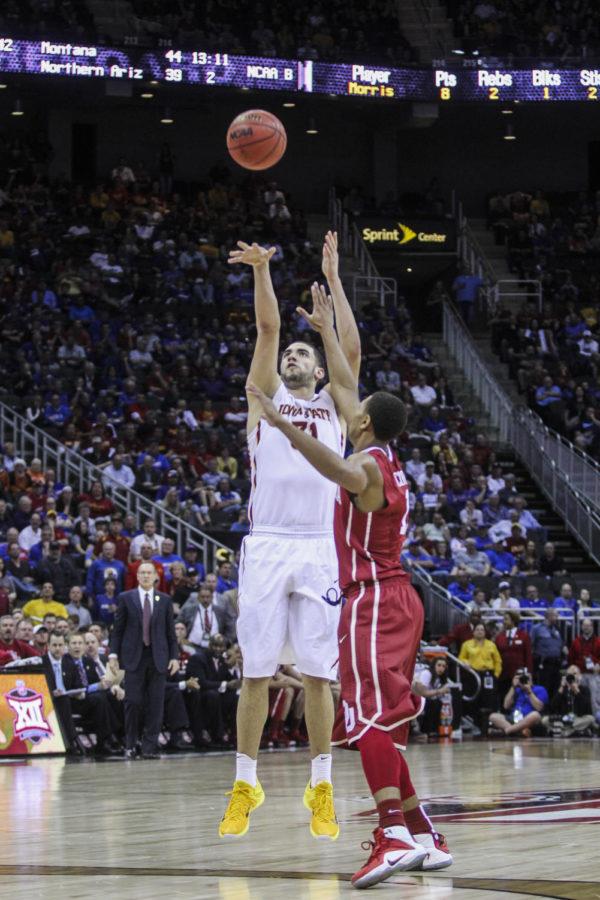 Junior forward Georges Niang shoots a three-pointer during the Big 12 Championship semifinal game against Oklahoma on March 13 at the Sprint Center in Kansas City, Mo. The Cyclones defeated the Sooners 67-65 to advance to the final championship game against Kansas on March 14. Niang led the Cyclones with 13 points and eight rebounds.