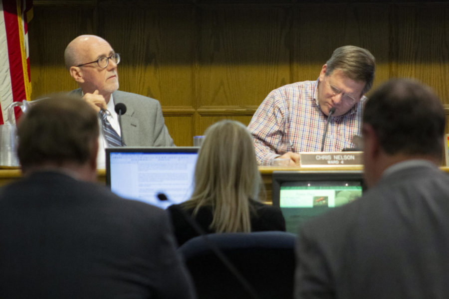 (left to right) Mayor John Haila and Chris Nelson, representative of the 4th Ward, listen to staff presentations at the Ames City Council meeting. Ames City Council held a meeting Jan. 15 in City Hall to discuss the 2019-2024 Capital Improvements Plan. Staff members gave a presentation on their recommendations for the next five years.