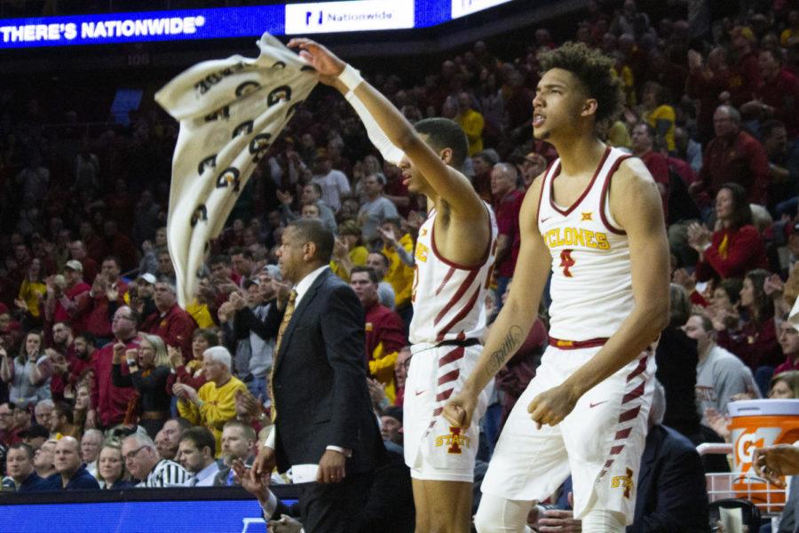 Freshman guard Tyrese Haliburton and freshman forward George Conditt IV react to the cyclones tying game 65-65 during the second half against Texas Tech. The Cyclones lost 80-73 against the Red Raiders on March 9 at Hilton Coliseum. 