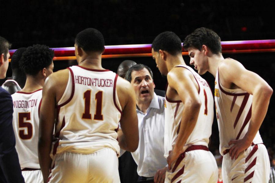 With 1:19 left on the clock and the Cyclones in a four point deficit head coach Steve Prohm talks to sophomore guard Lindell Wigginton, freshman guard Talen Horton-Tucker, senior guard Nick Weiler-Babb and redshirt junior Michael Jacobson during the second half of the senior night game against Texas Tech. The Cyclones lost 80-73 against the Red Raiders on March 9 at Hilton Coliseum. 