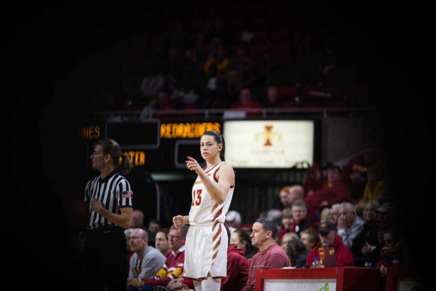 Forward Adriana Camber waits to inbound the ball during the Iowa State vs. Texas Tech womens basketball game Jan. 29 in Hilton Coliseum. The Cyclones defeated the Red Raiders 105-66.