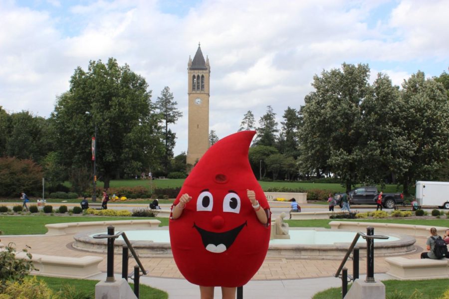 The ISU Blood Drive mascot posed in front of the Campanile to promote the 2018 fall blood drive. 