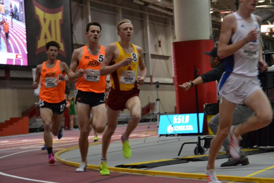 Then-freshman Andrew Jordan runs in the 3000 meters during the Big 12 Conference Meet in Lied Rec Facility Feb. 25, 2017. Jordan finished 11th overall with a time of 8:19.39. 