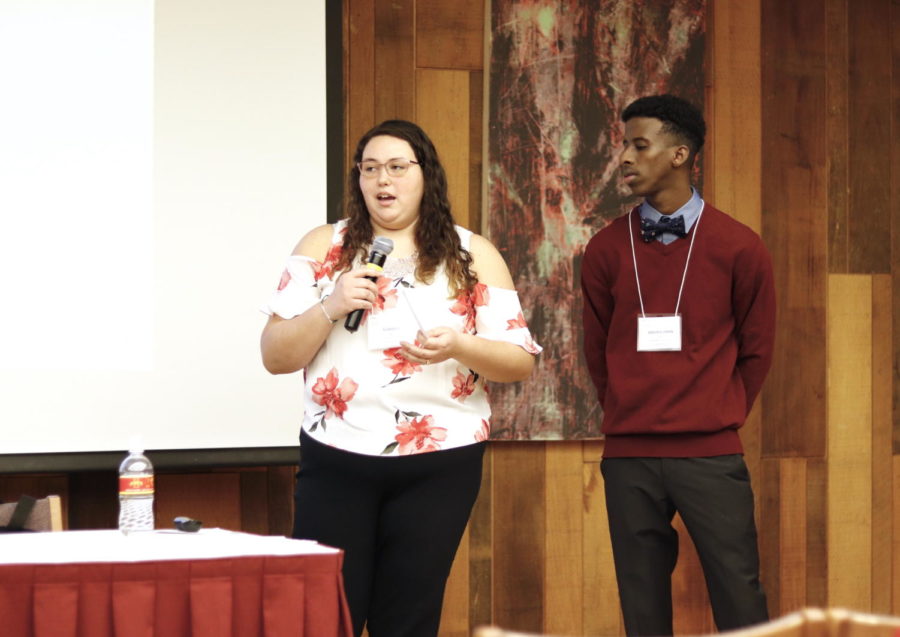 Summer Castillo, senior in animal science, and Abdirahman Omar, sophomore in industrial technology, present how and why Asian American and Pacific Islander students at Iowa State are underrepresented. 2019 ISCORE Conference took place on March 1 at the Memorial Union. 