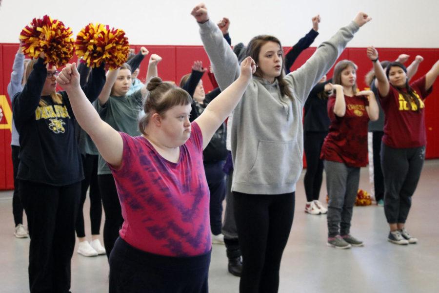 Iowa State Sparkles Squad practices their cheers. Sparkles Squad is an all inclusive cheer/dance team that promotes school spirit and inclusion within campus.