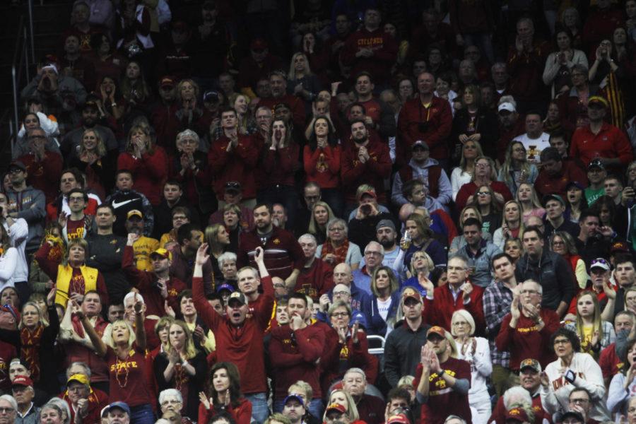Iowa State fans celebrate Iowa State’s leading score during the first half. Iowa State won the Big 12 Championship 78-66 against University of Kansas on March 16 at the Sprint Center in Kansas City, MO.
