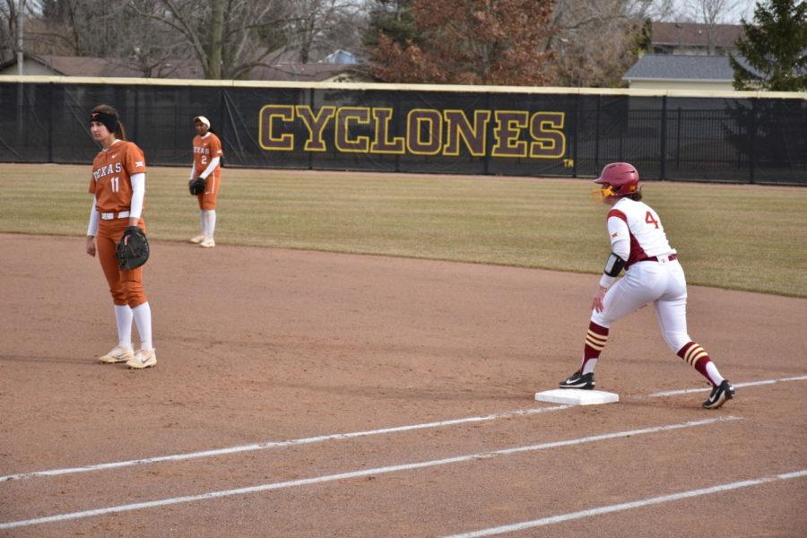 Infielder Sydney Stites stands at first base waiting for a chance to take second.