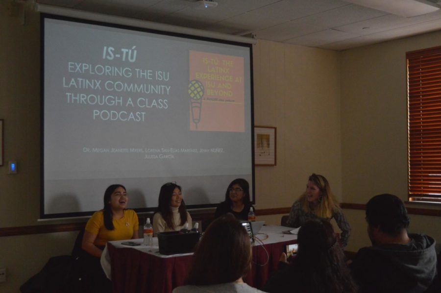 Members of the U.S. Latina/o/x/ Program at Iowa State share sections of their class created podcasts during the ISCORE Conference. The panel included Megan Jeanette Meyers an assistant professor of Spanish and world language and cultures, sophomore in women’s studies Jennifer Nunez, Julissa Garcia a junior in journalism and Lorena San Elias Martinez a freshman in design. The podcast is called IS-tú and explores the Latinx community at Iowa State and in Ames.