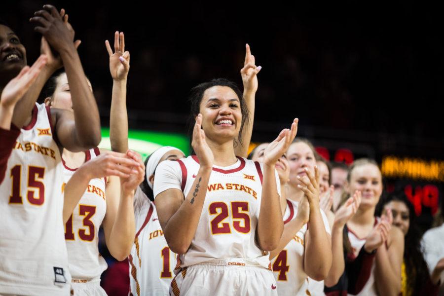 Iowa State then-sophomore center Kristin Scott cheers for the seniors following the Iowa State vs. Kansas 2019 Senior Night basketball game at Hilton Coliseum. The Cyclones defeated the Jayhawks 69-49.