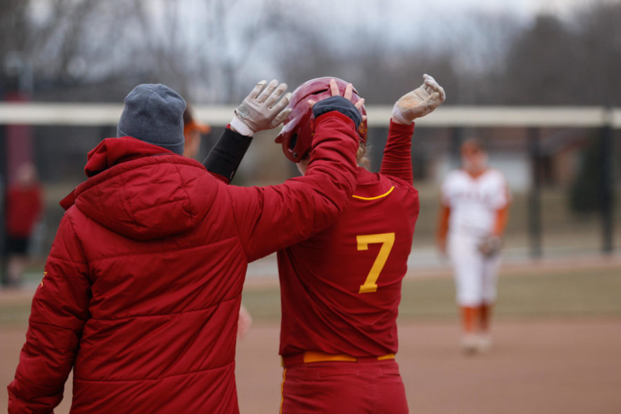 Sami+Williams+celebrates+a+hit+during+Iowa+States+11-4+loss+to+Texas+on+Friday+afternoon+at+the+Cyclone+Sports+Complex.