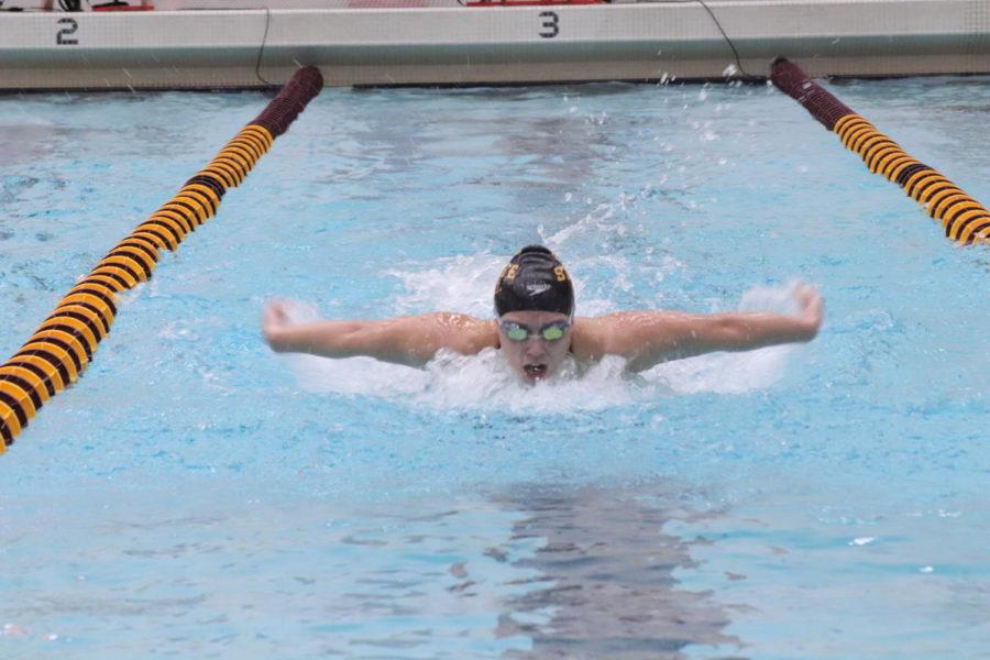 Freshman Lucia Rizzo swims the 200-yard butterfly against Illinois State University. The Iowa State womens swimming and diving team swam Jan. 18 in Beyer Pool. Iowa State won the meet 191-100.