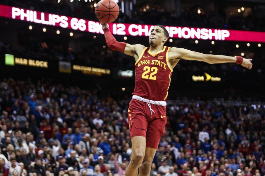 Then-freshman Tyrese Haliburton goes up for a dunk in the second round of the Phillips 66 Big 12 Championship Tournament against Kansas State on March 15, 2019.
