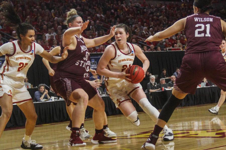 Senior Bridget Carleton sprints past members of Missouri States team in the second round of the NCAA Championship on March 25 at Hilton Coliseum. The Cyclones lost to the Bears 69-60.