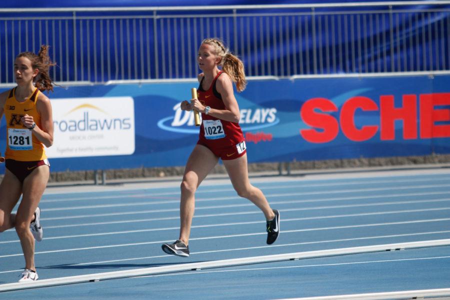Iowa State then-freshman Cailie Logue runs the third leg of the 4x1,600 at the Drake Relays. Logue and the Cyclones finished in second place with a time of 19:26.25.