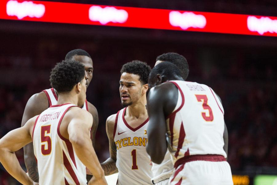 The Iowa State Men’s Basketball team huddle up during the Iowa State vs Oklahoma State basketball game on Jan. 19 in Hilton Coliseum. The Cyclones defeated the Cowboys 72-59.