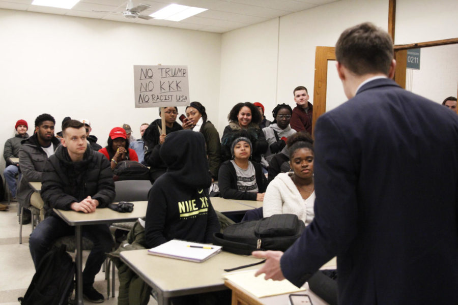 Nicholas Fuentes addresses a crowd at East Hall at Iowa State on Wednesday, March 6. The Iowa State Police Department had Fuentes leave the room because he did not have the space reserved. Fuentes moved his speech to the free speech zone. Fuentes live-streamed on Periscope during this event.