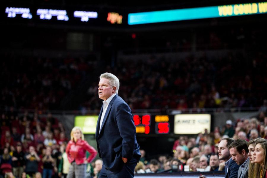 Iowa State head coach Bill Fennelly stands on the sideline during the second half of the Iowa State vs Baylor women’s basketball game held Feb. 23 in Hilton Coliseum. The Lady Bears defeated the Cyclones 60-73 despite a surge from Iowa State in the second half.