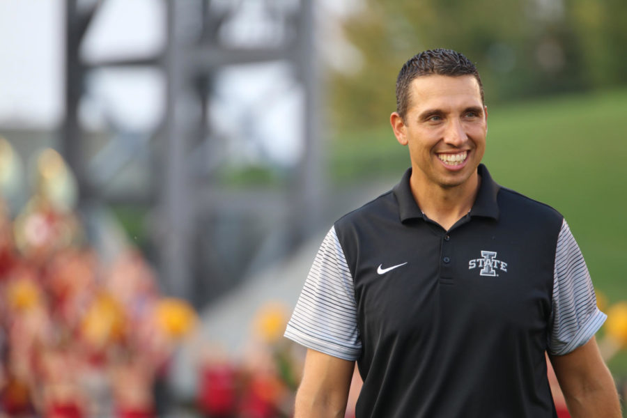 Iowa State football head coach Matt Campbell smiles at participants in the third annual Victory Day at Jack Trice Stadium on Aug. 24.