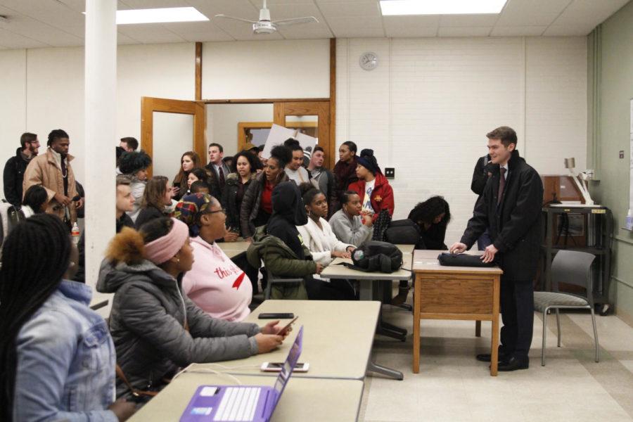 Nicholas Fuentes addresses a crowd at East Hall at Iowa State on Wednesday, March 6. The Iowa State Police Department had Fuentes leave the room because he did not have the space reserved. Fuentes moved his speech to the "free speech zone". Fuentes live-streamed on Periscope during this event.