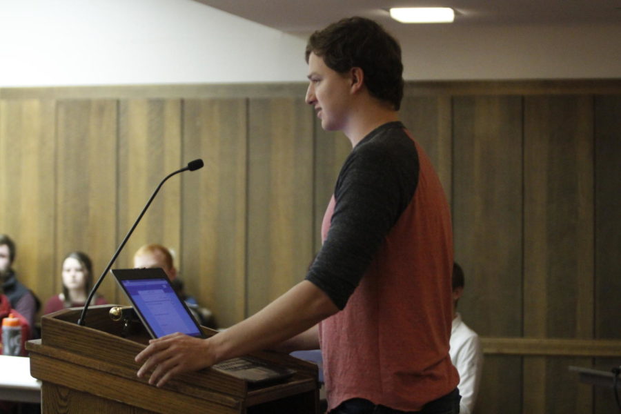College of Human Sciences Senator Wyatt Scheu talks about organizations who help support Student Government. Student Government held a meeting Feb. 13 in the Campanile Room of the Memorial Union.