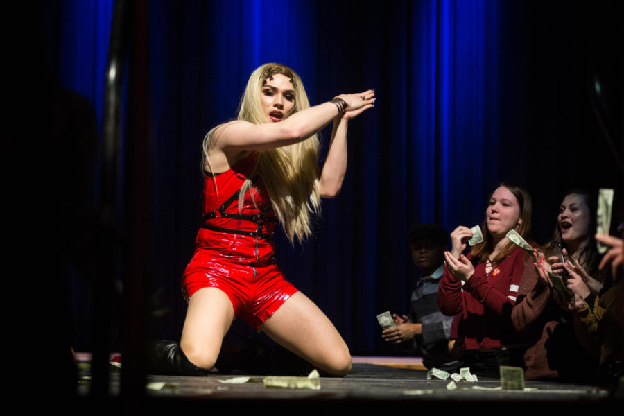 Morah Reign performs her second time on stage to Look But Dont Touch during the Spring Drag Show put on by the Iowa State Pride Alliance in the Great Hall of the Memorial Union March 10.