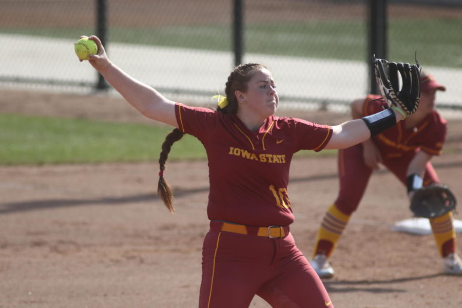 Iowa State freshman Shannon Mortimer throws a pitch during the second inning against UNI on Tuesday, April 16. Guerra and the Cyclones shut out the Panthers, 2-0.