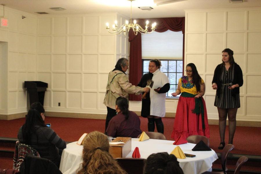 Isa Cournoyer (left), Cueponi Espinoza (center) and Rebekah Bell (right) all received blessings from the elder, Alfred White Eyes.